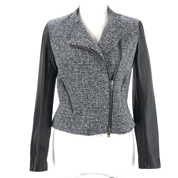 THEORY Tweed Black Lamb Leather Moto Jacket Blazer - Picture 8 of 8